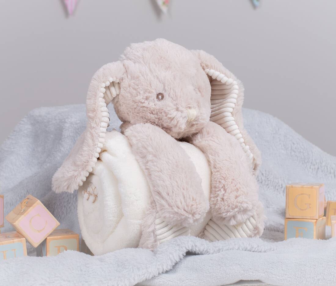 Rabbit soft toy with blanket